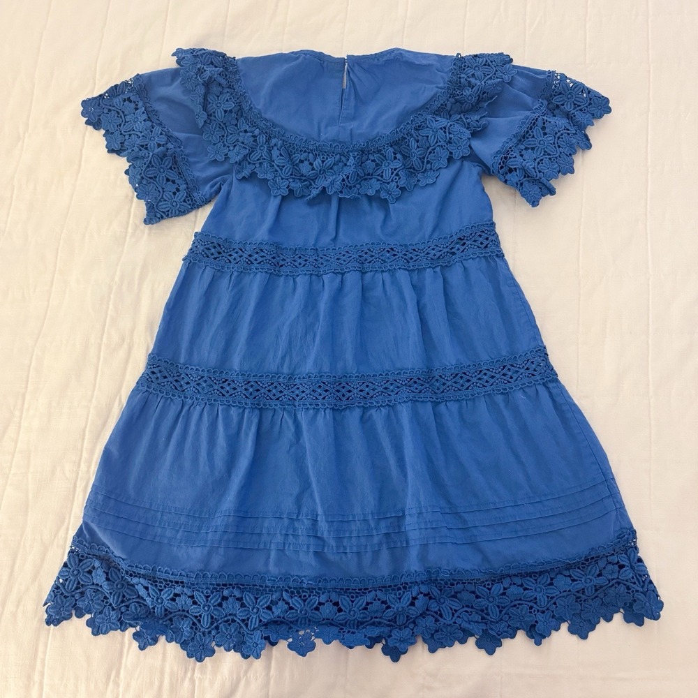 Mini Boden Girls 7-8 Dress Cabana Blue Lace Tiered‎ Summer Sun Scallop Cotton - Picture 7 of 9